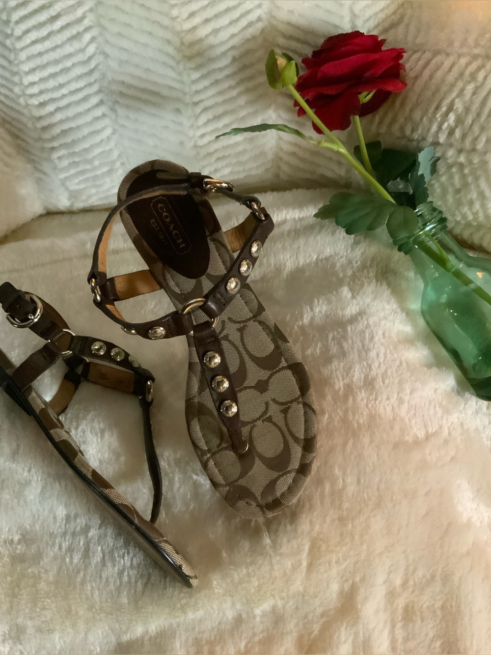 Coach Brown slightly worn Signature Logo T-Strap Sandals with Stud Accents
